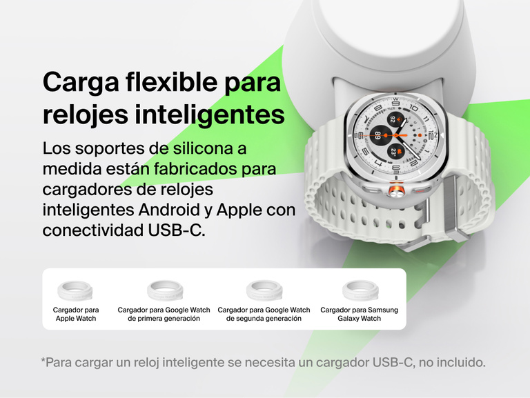 La estaci&oacute;n de carga modular con Qi2 de 25 W Belkin UltraCharge ofrece una carga flexible para reloj inteligente gracias a los distintos adaptadores para reloj inteligente intercambiables, garantizando la compatibilidad con cargadores USB-C de Apple Watch, Google Watch y Samsung Galaxy Watch.