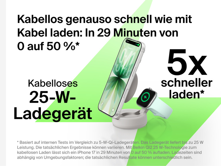 Mit der Belkin UltraCharge Pro verstellbaren, magnetischen 2-in-1-Ladestation mit Qi2 25W erfolgt kabelloses Laden bis zu 5-mal schneller. Sie liefert 25&nbsp;W Leistung und l&auml;dt ein kompatibles Smartphone in 29&nbsp;Minuten von 0 auf 50&nbsp;% auf.