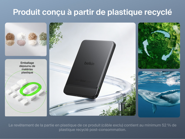 Visuel sur la durabilit&eacute; de la batterie externe magn&eacute;tique Belkin&nbsp;UltraCharge&nbsp;Pro&nbsp;Slim&nbsp;5K avec BoostSolid&nbsp;Cell soulignant sa conception en plastique recycl&eacute; et l'emballage int&eacute;gralement d&eacute;pourvu de plastique.