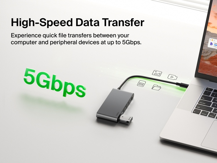 Belkin Connect 5-Port USB-C Hub with Dual USB-C Ports enables high-speed data transfer up to 5Gbps between laptop and connected devices.