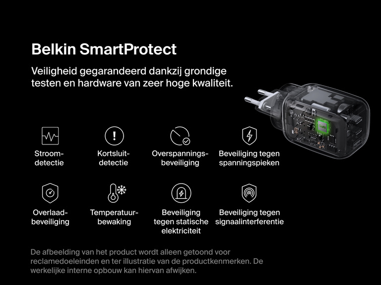 BoostCharge Pro 3-Port GaN Wall Charger 100W shown with simulated internal view, highlighting Belkin SmartProtect features like surge, over-voltage, and short-circuit protection for safe charging.