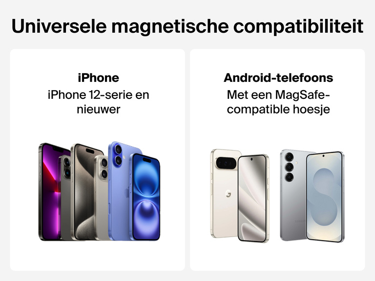 Belkin BoostCharge Magnetic Wireless Charging Car Vent and Dash Mount shown with universal magnetic compatibility for iPhone Series 12 and later and Android phones using magnetic wireless charging cases.