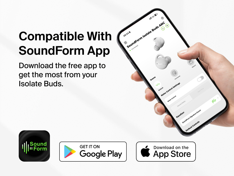 SoundForm Isolate Buds ANC connected to the SoundForm app on a smartphone, with Google Play and App Store download buttons shown