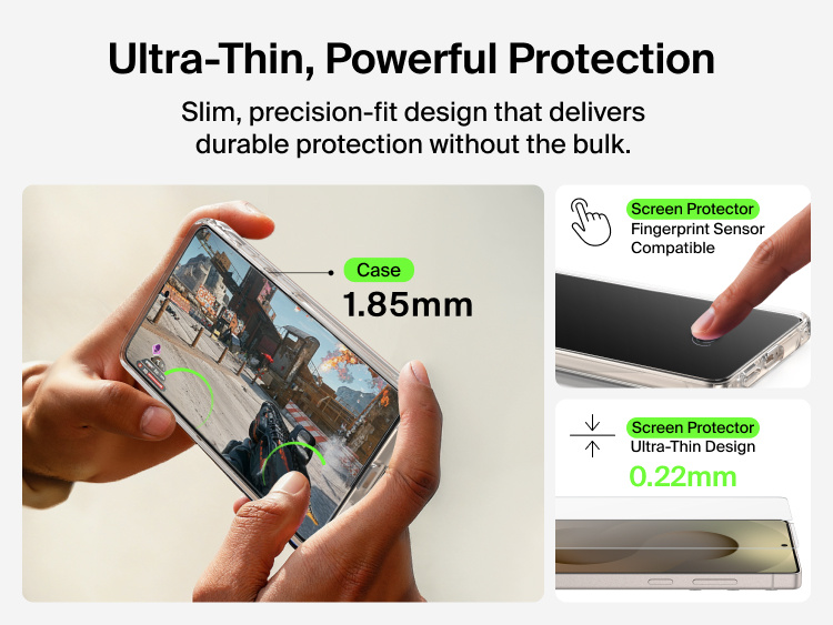 Belkin SheerForce Titan Protective Bundle for Samsung Galaxy S26 featuring ultra-thin 1.85mm case and 0.22mm screen protector with fingerprint sensor compatibility for slim, precision-fit protection.