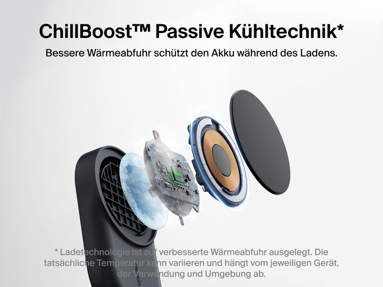 Die Belkin UltraCharge faltbare magnetische 3-in-1-Ladestation mit Qi2 25W zeichnet sich durch die passive Kühltechnik ChillBoost™ aus, die für eine verbesserte Wärmeabfuhr sorgt und den Akku schont.