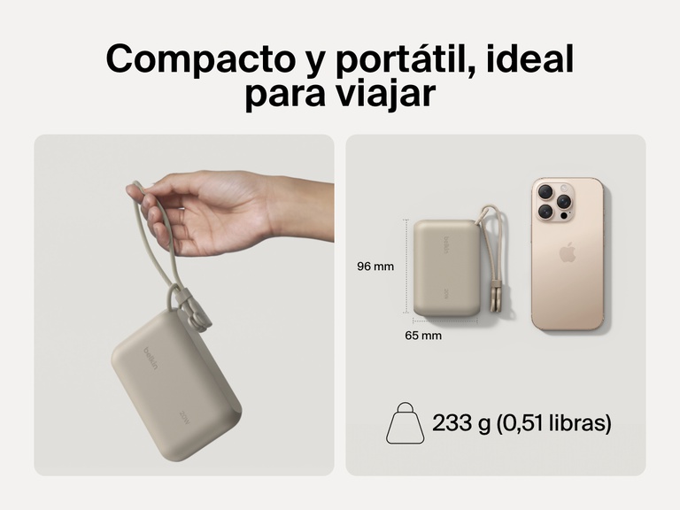 Se muestra la batería externa 10K con pantalla BoostCharge de Belkin en una mano y junto a un smartphone para hacer hincapié en su diseño compacto y portátil, ideal para viajar (dimensiones: 3,78 x 2,56 pulgadas y 233 gramos de peso).