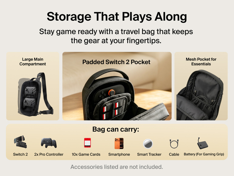 Belkin Gaming Travel Bag for Nintendo Switch 2 features a padded console pocket, mesh accessory storage, and room for controllers, cables, and game cards.
