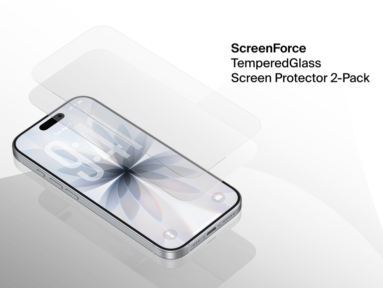 Belkin ScreenForce TemperedGlass Screen Protector 2-Pack shown on iPhone, delivering durable scratch and impact protection with crystal-clear display clarity.