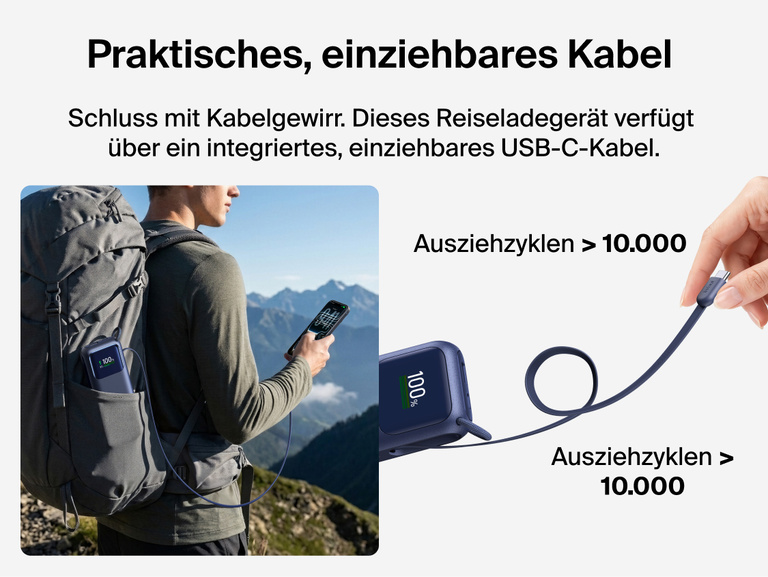 Die UltraCharge Powerbank 11K mit einziehbarem Kabel befindet sich w&auml;hrend einer Wanderung in einer Rucksacktasche und l&auml;dt ein Smartphone. Daneben ist das einziehbare Kabel abgebildet, das f&uuml;r mehr als 10.000 Ausziehzyklen ausgelegt ist.
