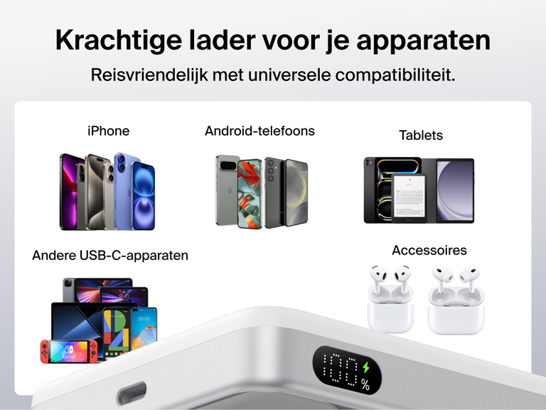 Belkin UltraCharge Slim Magnetic Power Bank 10K showcasing universal compatibility with iPhone, Android phones, USB-C devices, tablets, and wireless accessories for travel-ready charging