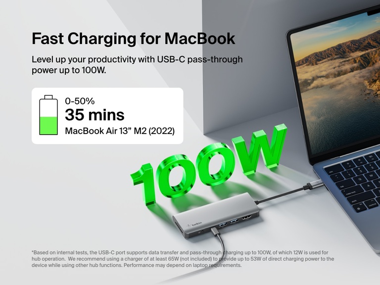 Image showing the Belkin Connect USB-C 7-in-1 Multiport Hub connected to a MacBook, highlighting USB-C pass-through charging capability up to 100W for fast power delivery.