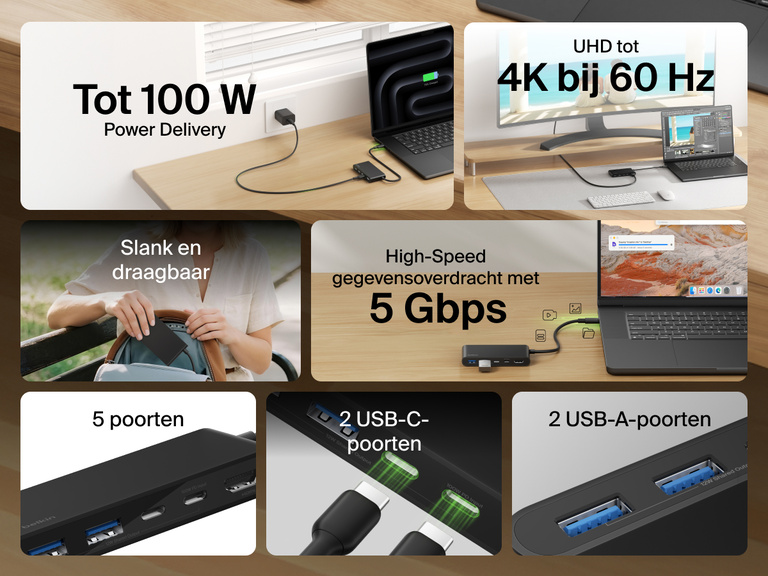 Belkin Connect 5-Port USB-C Hub with Dual USB-C Ports featuring 4K@60Hz display, 100W power delivery, 5Gbps data transfer, 2 USB-C and 2 USB-A ports, in a slim and portable design.