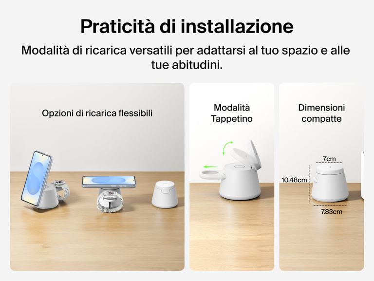 Immagine del dock di ricarica modulare con Qi2 25W Belkin UltraCharge che mostra le pratiche opzioni di ricarica wireless, incluse le modalit&agrave; Supporto e Tappetino, il tutto in un design salvaspazio compatto, ideale per ricaricare i dispositivi tutti i giorni.
