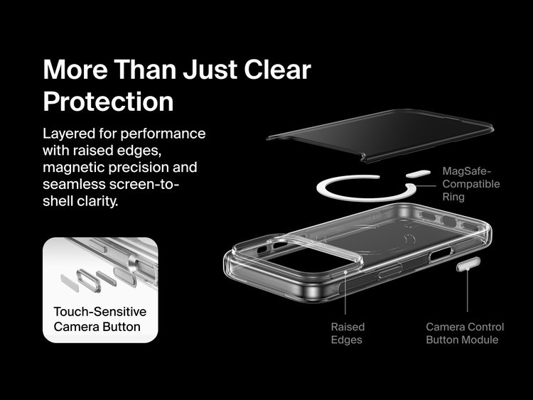 Belkin SheerForce Clear Series Case for iPhone 17 with raised edges, MagSafe-compatible ring, touch-sensitive camera button, and layered clear protection design.