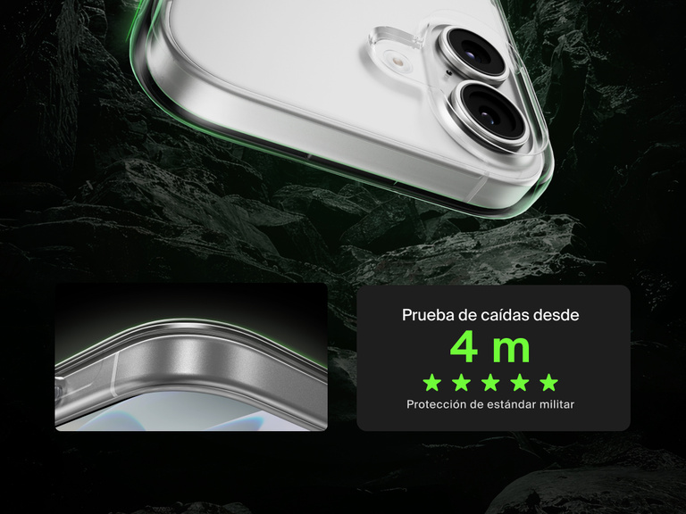 Belkin SheerForce Clear Series Case for iPhone 17 shown with 13-foot drop test and military-grade protection.