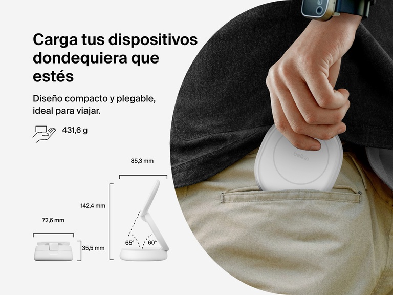 Belkin BoostCharge 2-in-1 Convertible Magnetic Charging Stand with Qi2 15W features a foldable, travel-friendly design that fits easily into a pocket for portable charging.