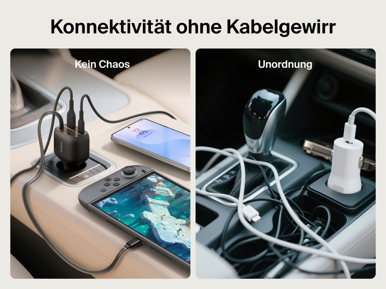 Abbildung des Belkin BoostCharge Kfz-Ladegeräts mit einziehbarem Kabel (75 W), auf dem die ordentliche Ladelösung ohne Kabelgewirr mit unordentlichen Kabeln zum Laden verglichen wird.