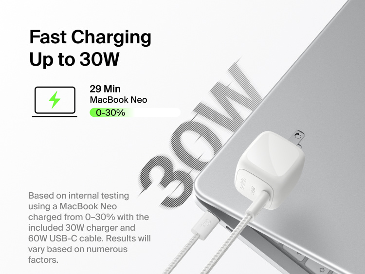 Belkin BoostCharge Compact USB-C Charger 30W fast charges a MacBook Neo from 0 to 30 percent in 29 minutes with the included braided USB-C cable.