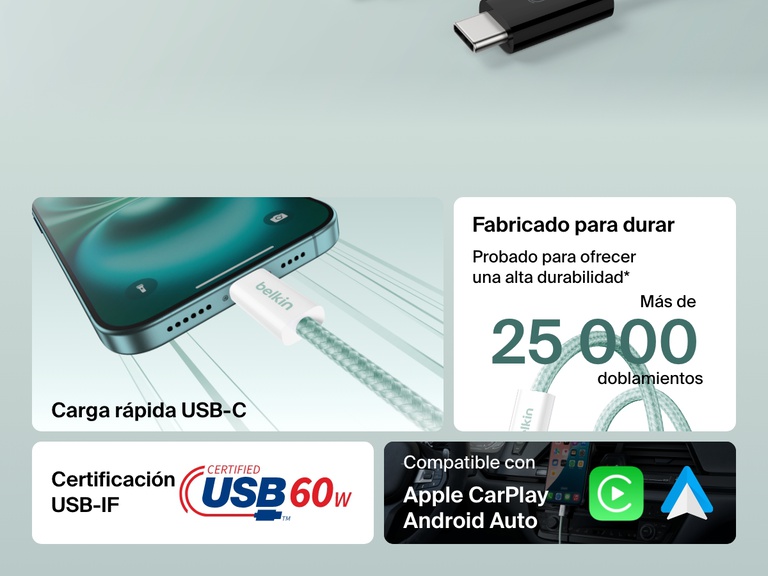 Infografía mostrando el cable USB-C a USB-C de 60 W Belkin BoostCharge con características como la certificación USB-IF, la durabilidad frente a los doblamientos de más de 25 000 ciclos, la carga rápida y la compatibilidad con Apple CarPlay y Android Auto.