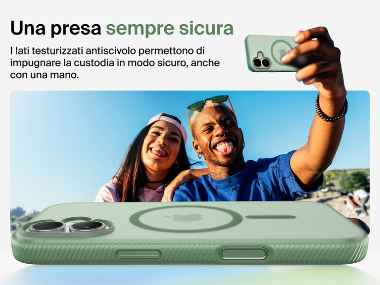 Belkin SheerForce Grip Series Case for iPhone 17 with military-grade drop protection and textured non-slip grip.