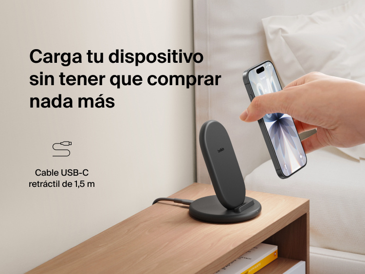 Belkin BoostCharge Wireless Charging Stand 15W shown alongside Belkin&rsquo;s sustainability commitment graphic highlighting renewable energy progress toward 100% by 2030.