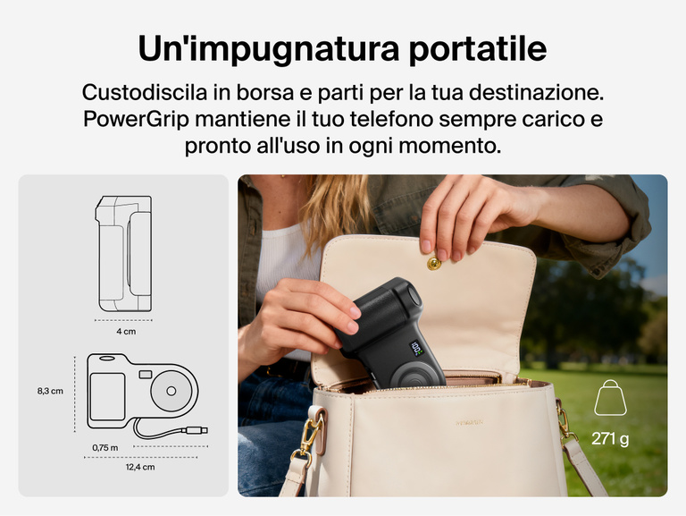 Person placing the Belkin Stage PowerGrip portable magnetic wireless charger into a handbag, shown with product dimensions and lightweight design for easy travel.