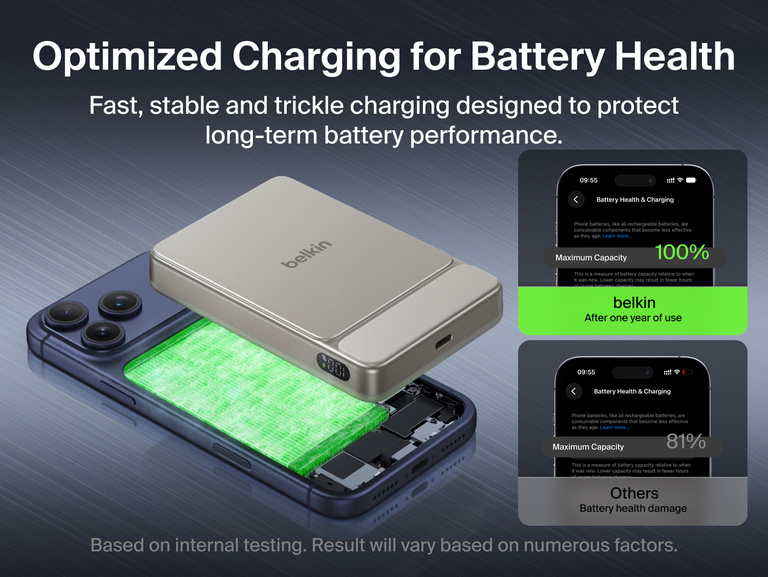 Belkin UltraCharge Slim Magnetic Power Bank 10K illustrating optimized charging with fast, stable and trickle charging to maintain long-term battery health and performance