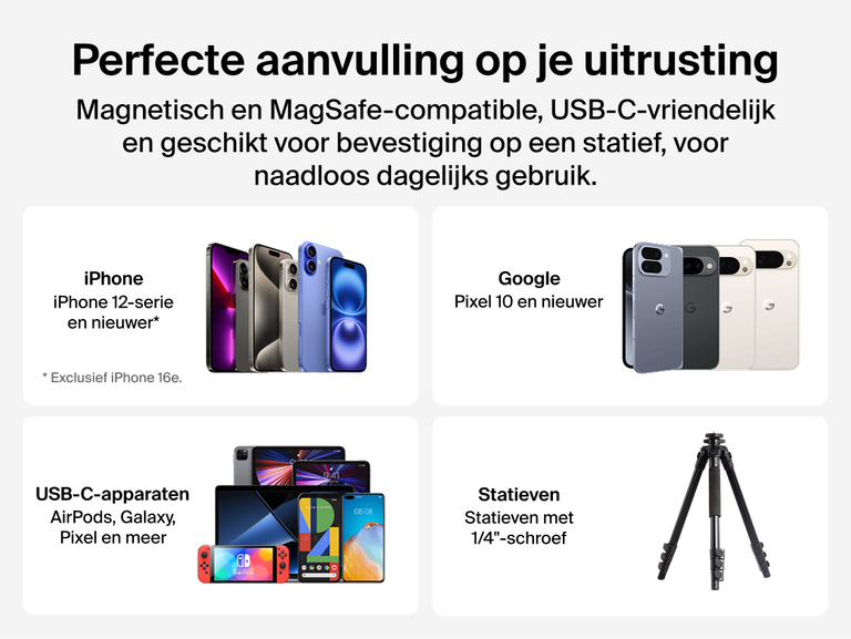 Belkin Stage PowerGrip compatibility chart showing support for iPhone 12 and later, Google Pixel 10 and later, USB-C devices like AirPods and Galaxy, and tripods with 1/4-inch mounts.