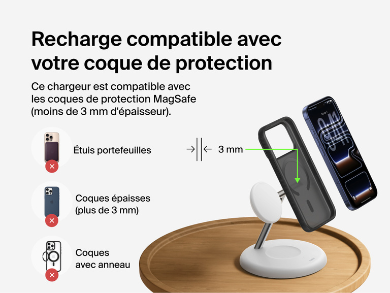 Belkin UltraCharge 3-in-1 Wireless Charging Stand with Qi2 25W demonstrating magnetic charging through MagSafe-compatible phone case up to 3mm thickness with compatibility guidelines shown