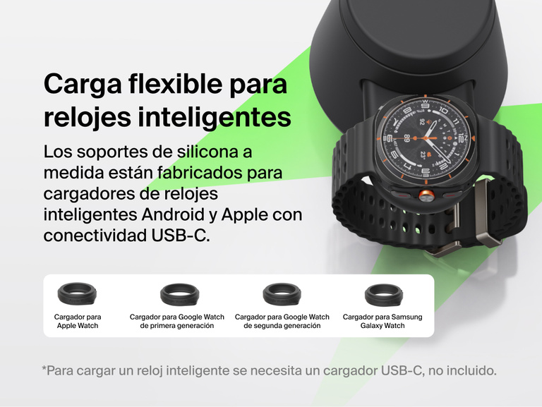 La estaci&oacute;n de carga modular con Qi2 de 25 W Belkin UltraCharge ofrece una carga flexible para reloj inteligente gracias a los distintos adaptadores para reloj inteligente intercambiables, garantizando la compatibilidad con cargadores USB-C de Apple Watch, Google Watch y Samsung Galaxy Watch.