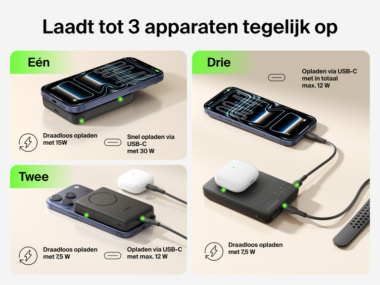 Slim Magnetic Power Bank 10K with Qi2 powering smartphone, earbuds, and smartwatch together with shared charging outputs