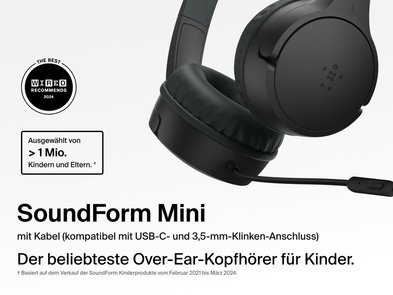 Close-up image of the Belkin SoundForm Mini Wired On-Ear Headphones for Kids, featuring a detachable boom mic and compatibility with USB-C and 3.5mm, promoted as the top choice for over one million kids and parents.