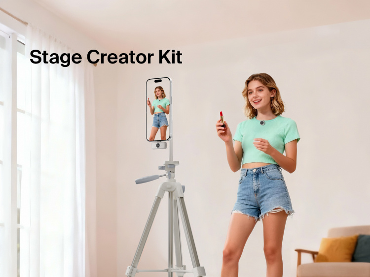 Image showing a person using the Belkin Stage Creator Kit with smartphone mounted on a motorized stand and tripod, demonstrating hands-free video recording for content creation in a home setting.