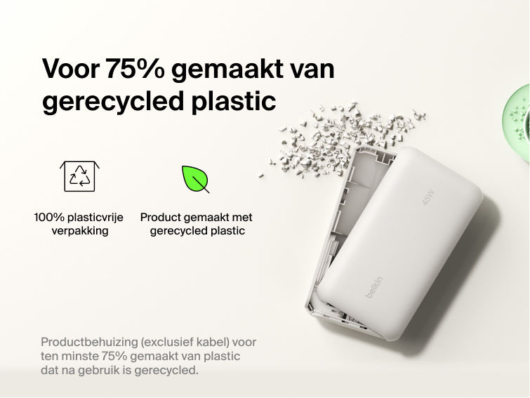 Belkin UltraCharge 10K power bank with integrated USB-C cable and digital display made with 75% recycled plastic and eco-friendly packaging