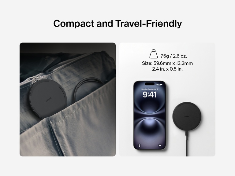 A black Belkin BoostCharge Wireless Charging Pad 15W is shown as a compact and travel-friendly device, fitting into a bag pocket, alongside its dimensions (59.6mm x 13.2mm or 2.4 in. x 0.5 in.) and weight (75g or 2.6 oz.), displayed next to an iPhone for scale.