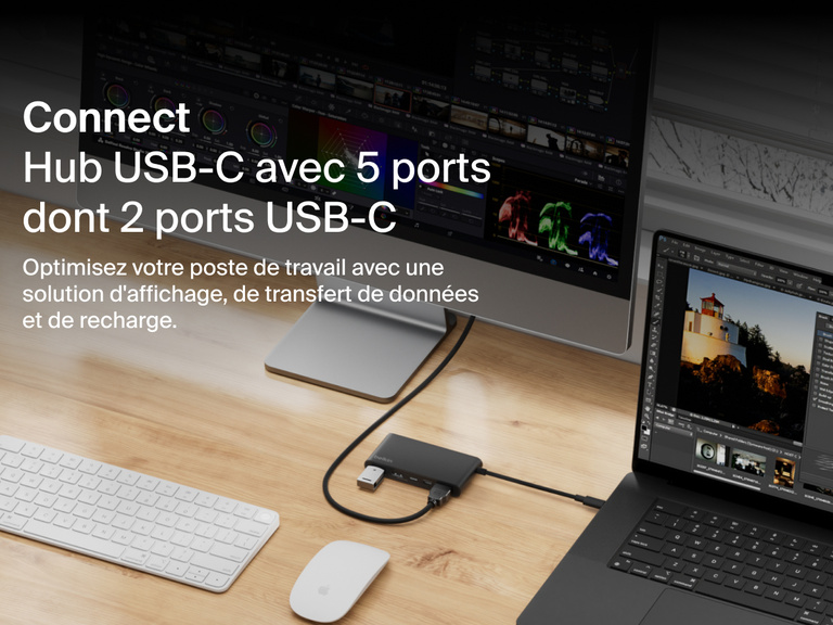Belkin Connect 5-Port USB-C Hub with Dual USB-C Ports shown on a desk connecting a laptop and monitor for display, data transfer, and charging.