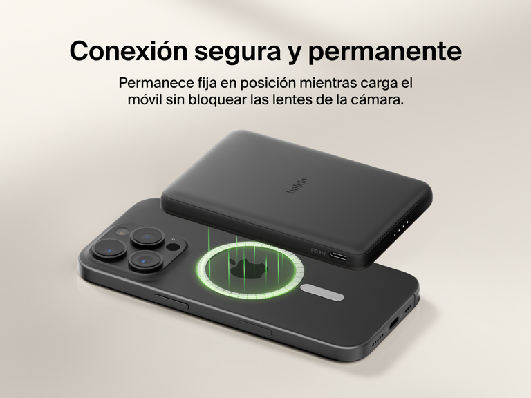 Belkin BoostCharge Slim Magnetic Power Bank 5K shown magnetically aligned between a smartphone and wallet accessory, demonstrating precise magnetic ring for secure attachment and camera-safe design.