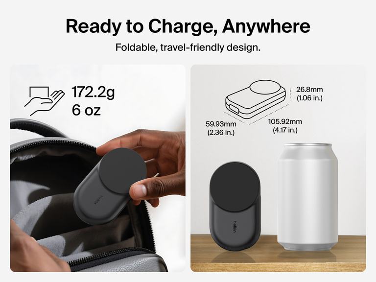 Belkin UltraCharge 3-in-1 Foldable Magnetic Charger with Qi2 25W features a compact, travel-friendly design weighing 6.7 oz and sized for portability.