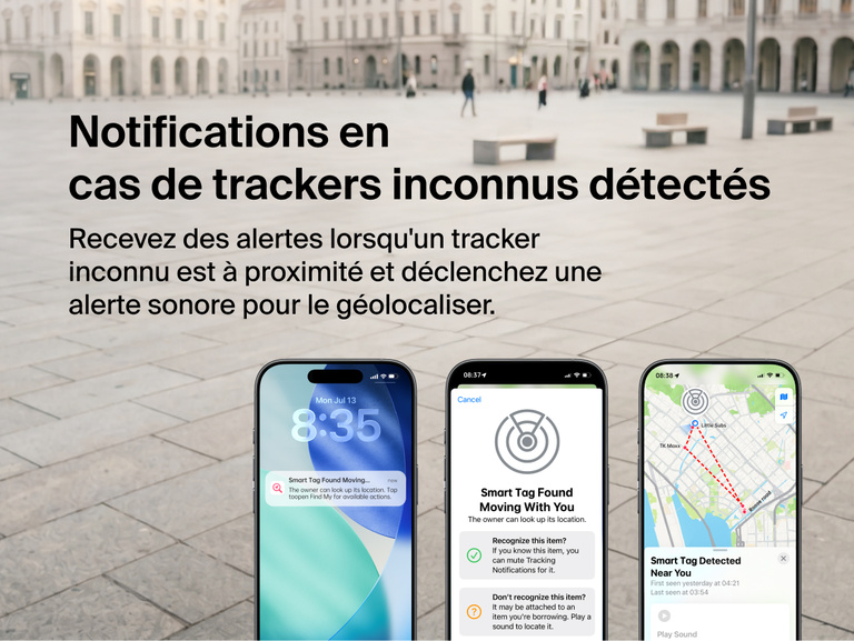 Image du tracker Belkin SureFind Spot et de sa fonction alerte d'objects inconnus qui permet &agrave; l'utilisateur de d&eacute;tecter et de g&eacute;olocaliser des trackers incoonus.