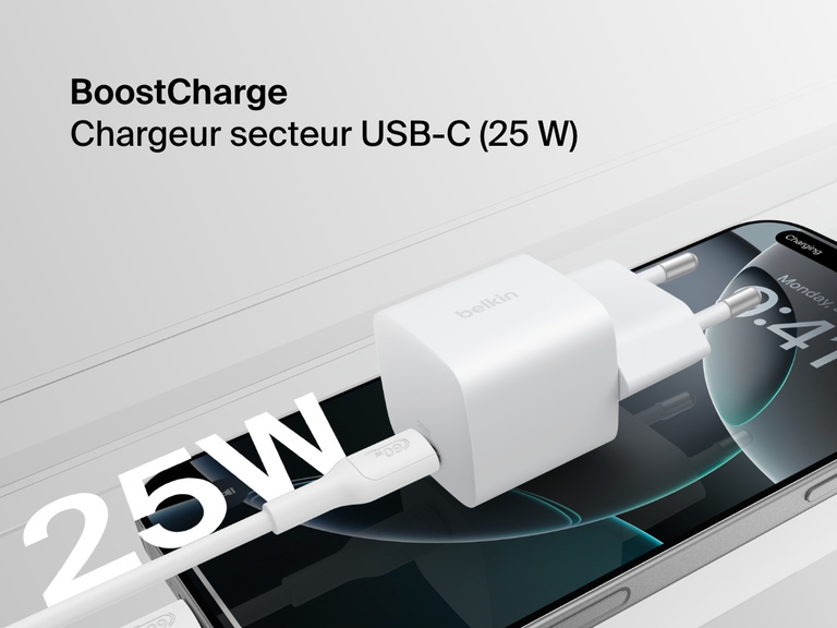 Belkin BoostCharge USB-C Wall Charger 25W shown plugged into a smartphone, highlighting its compact design and fast charging capability.