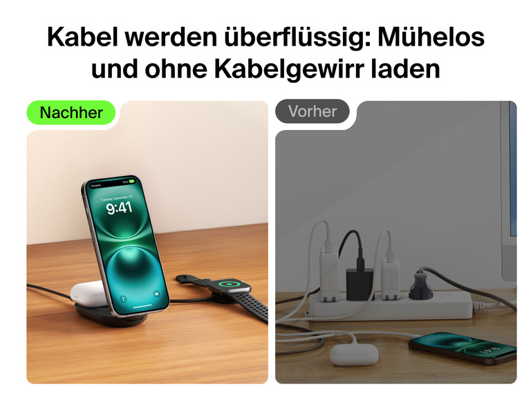 Die Belkin UltraCharge faltbare magnetische 2-in-1-Ladestation mit Qi2 25W bietet eine ordentliche, stylische Alternative zu Kabelgewirr, da sie iPhone, AirPods und Apple Watch ohne Kabel auflädt.