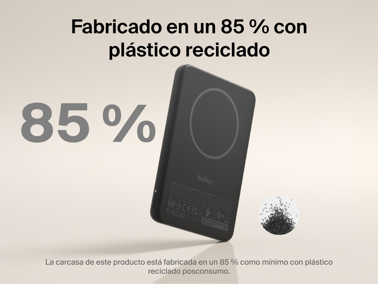 Belkin BoostCharge Slim Magnetic Power Bank 5K with Qi2 shown made with at least 85 percent post-consumer recycled plastic for a more sustainable portable charging solution.