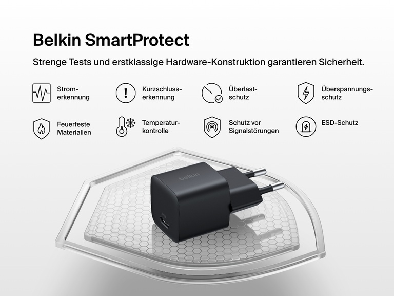 Belkin BoostCharge USB-C Wall Charger 25W shown with Belkin SmartProtect features, including over-voltage, surge, and short-circuit protection for enhanced charging safety.