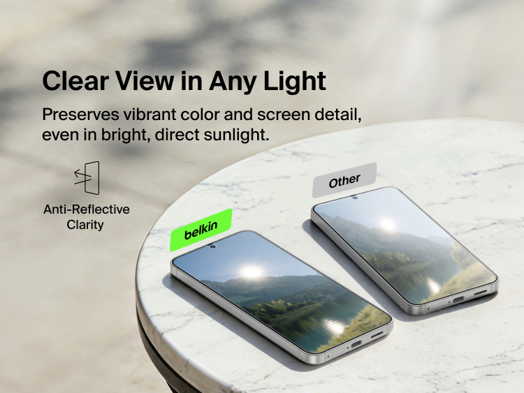 Belkin ScreenForce Titan EcoGuard Anti-Reflective Screen Protector for Samsung Galaxy S26 shown compared against another screen to demonstrate reduced glare and clearer viewing in bright, direct light.