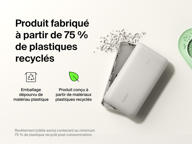 Belkin UltraCharge 20K 45W power bank with integrated cable made with recycled materials and plastic-free packaging for a more sustainable charging solution
