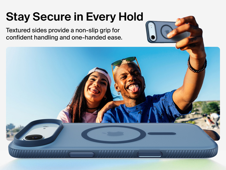 Belkin SheerForce Grip Series Case for iPhone 17 with military-grade drop protection and textured non-slip grip.