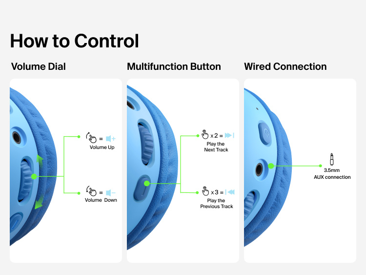 SoundForm Mini 2 Wireless On-Ear Headphones for Kids control diagram showing the volume dial for adjusting volume up and down, the multifunction button for skipping tracks, and the 3.5mm AUX port