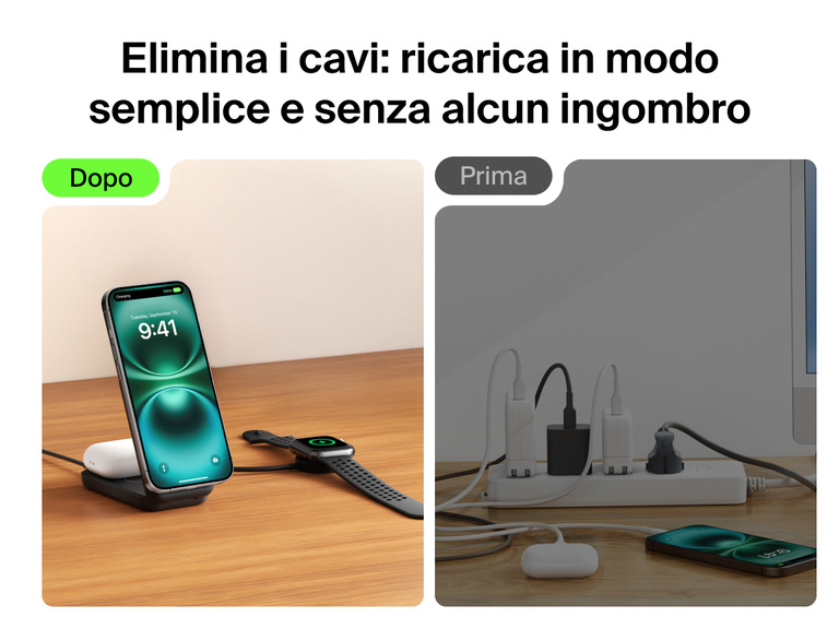 Il caricabatteria magnetico pieghevole 2 in 1 con Qi2 da 25 W Belkin UltraCharge offre un'alternativa ordinata rispetto ai caricabatterie con cavi (si attorcigliano facilmente), garantendo una ricarica wireless rapida per iPhone, AirPods ed Apple Watch in tutto stile ed eleganza.