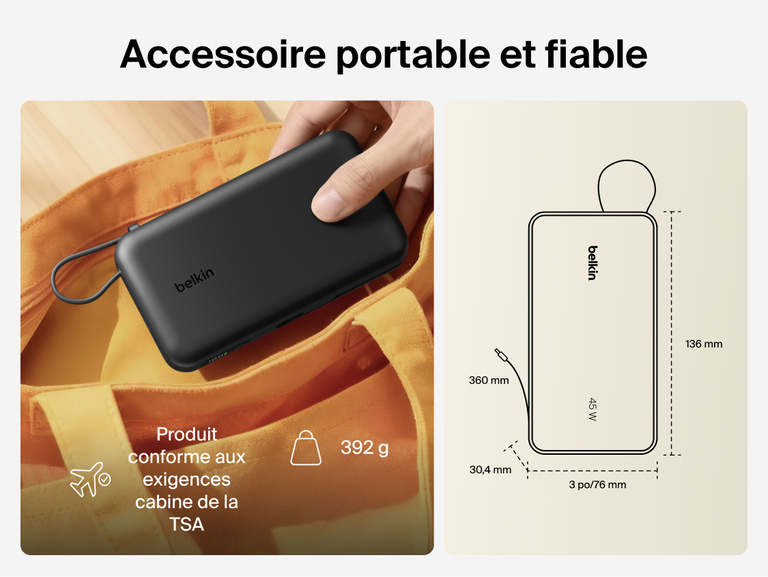 Belkin UltraCharge 20K 45W power bank with integrated cable designed for portable, TSA-approved travel with compact size and reliable on-the-go charging