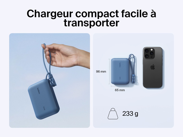 Image d'une batterie externe 10K Belkin BoostCharge avec écran intégré tenue dans une main se trouvant à côté d'un smartphone pour mettre en avant son design compact et portable avec des dimensions de 9,6 cm x 6,5 cm et un poids de 233 g.